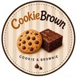 Logo da CookieBrown: cookie e brownie num selo redondo listrado